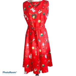 Cute Retro Style Holiday Christmas Dress Red Reindeer Santa Angels Size Med NWOT